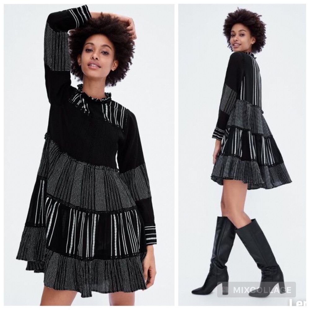 Zara Black Boho Modern Long Sleeve Embroidered Peasant Flowy Festival Mini Dress